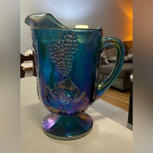 Rare original Indiana harvest blue carnival glass pitcher